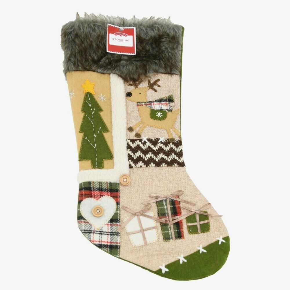 New Holiday Time Christmas Tree & Moose Applique Burlap Christmas Stocking 20"